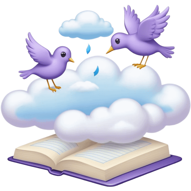 Create a whimsical and poetic emoji symbolizing poetry. The design should have several elegant pages floating smoothly in the air with short poetic columns written on them. Surround the pages with soft, fluffy clouds and include white birds flying out of the clouds, symbolizing freedom and creativity. Add a white pen resting gracefully on the pages and an inkwell. The overall color palette should include soft pastel tones such as light blue, purple and cream, which will add airiness and dreaminess to the design. Make the background transparent emoji