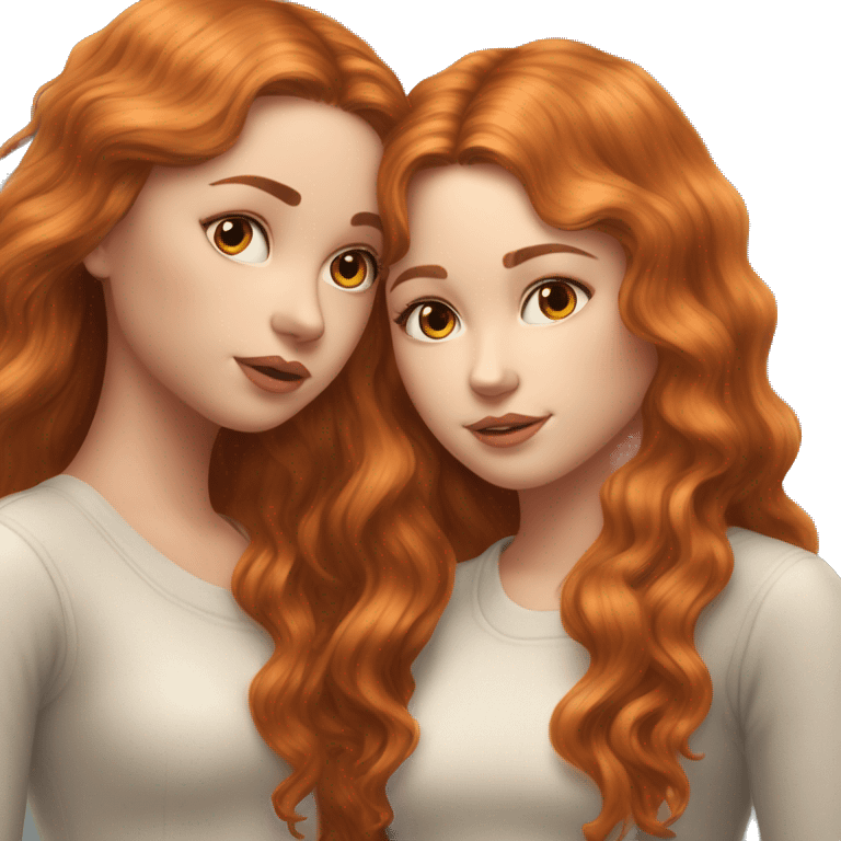 serene two white girls. one has wavy brunette hair and the other has natural soft orange hair delicate fringe. standing together kissing in gentle light. calm and content. hyper-realistic soft textures fine details glow on skin emoji