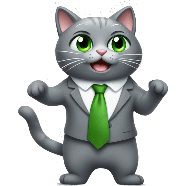 dancing grey cat with green eyes and tie emoji