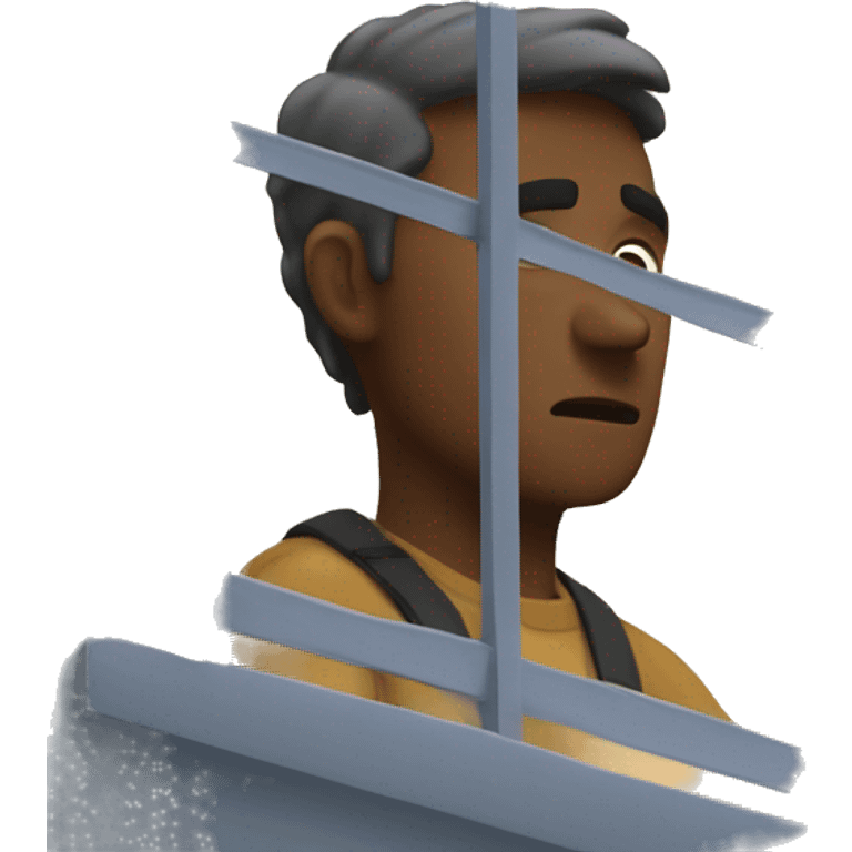 man looking out window pondering emoji