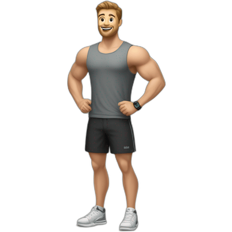 Full height realistic Actively gesturing with hands Pale skinned Fit Man With the biceps and brown hair in dark gray Sleeveless Mike, black oversize sports shorts, watch and white Sneakers emoji