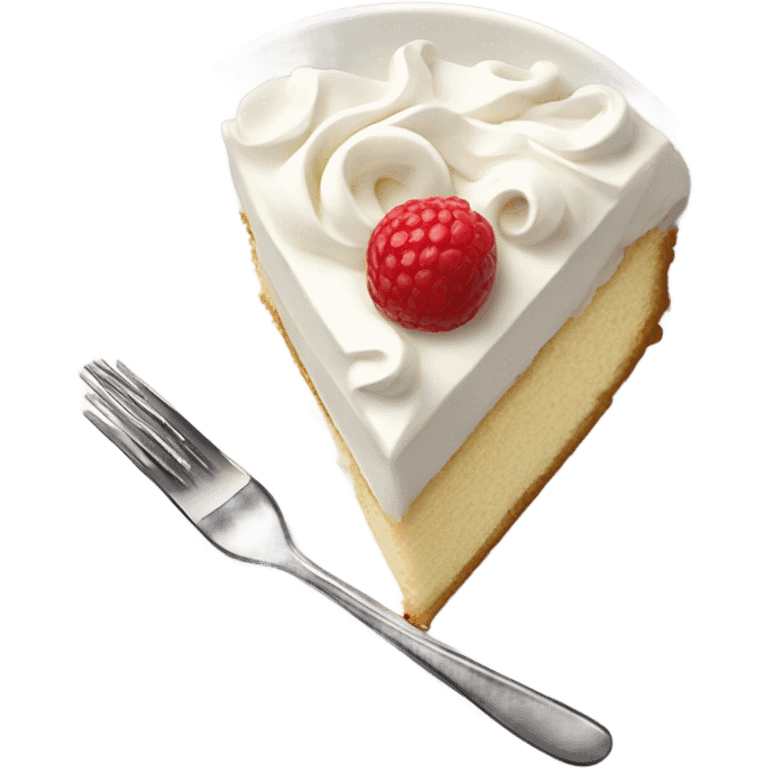 Slice cake vanilla witb whipcream at top and at plate and fork emoji