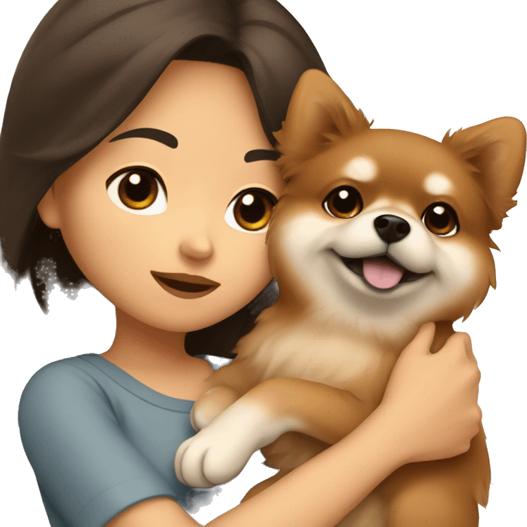 brunette asian girl cuddling brown pomeranian puppy emoji