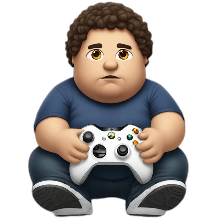 Fat lad with dark brown curly hair playing Xbox emoji