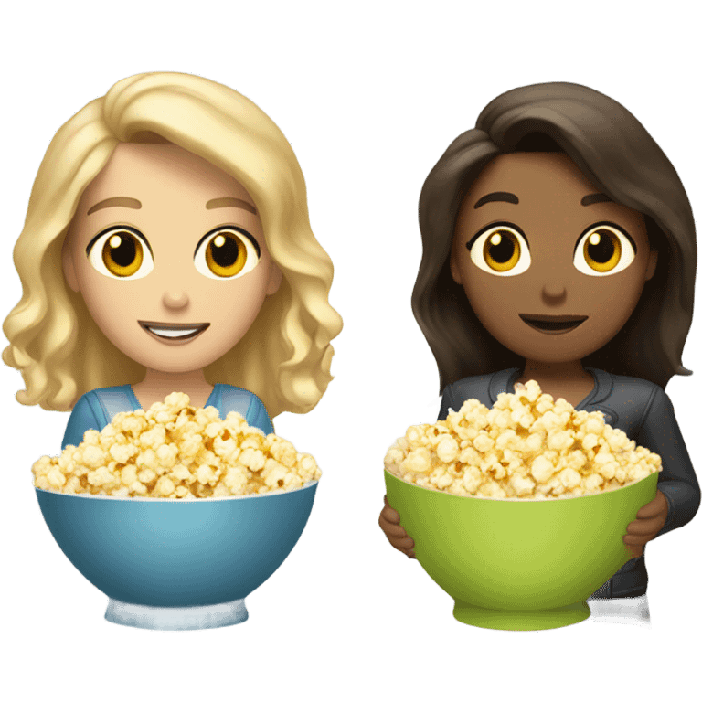 blonde with short hair and brunette with long hair eating popcorn emoji