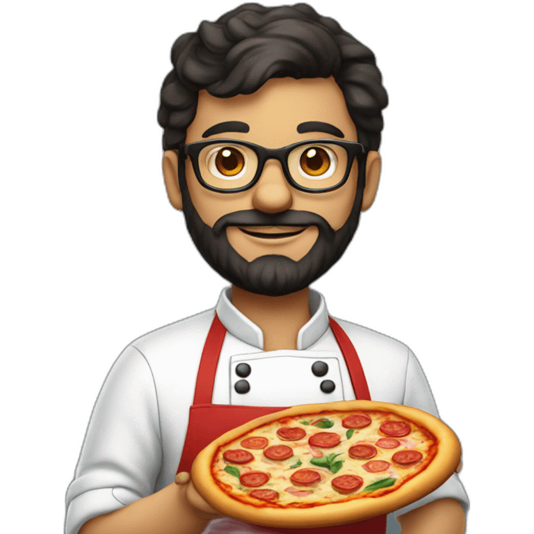 Dark haired 30 years old chef with beard and big glasses proudly holding a pizza emoji