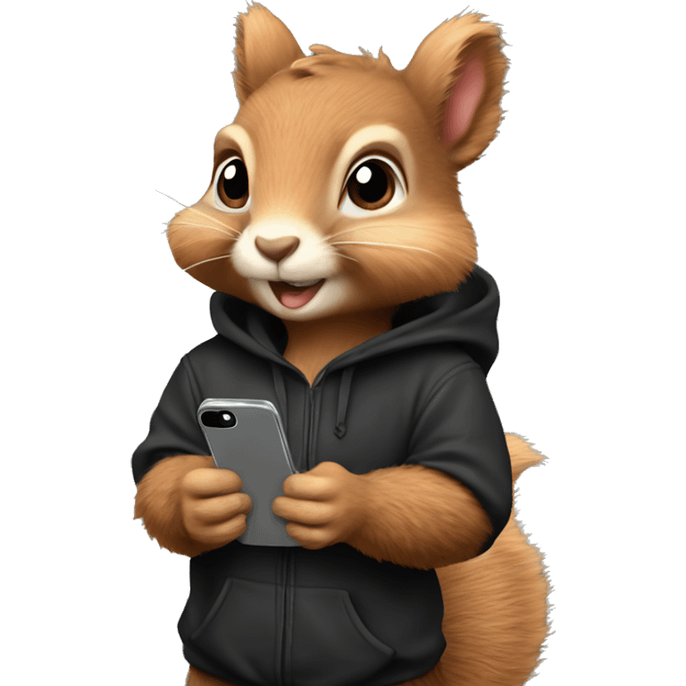 Cute realistic fluffy Squirrel with fluffy ears in black hoodie holding an iPhone  emoji