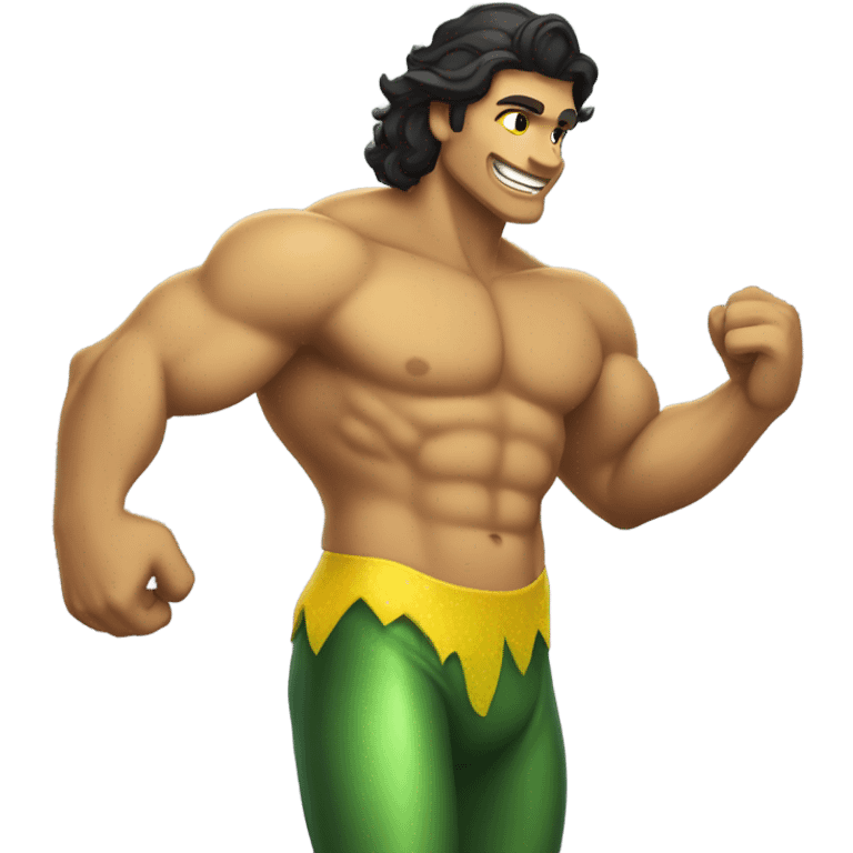 Tan muscular merman with dark hair and yellow tail emoji