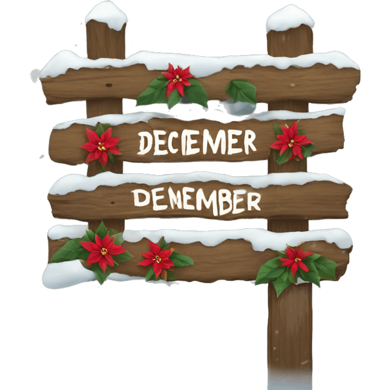 Wood sign with inscription december and poinsettia with snow on sign  emoji