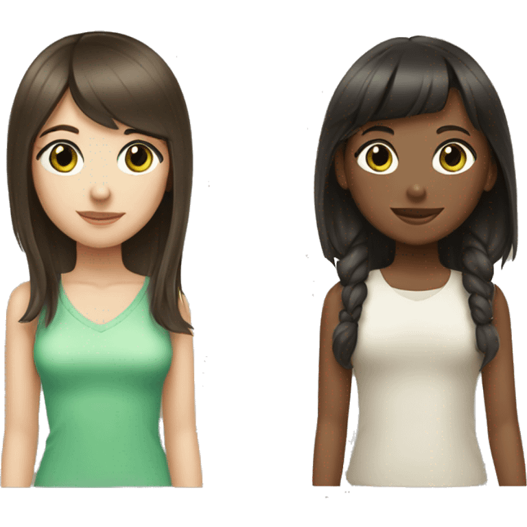 two girls with dark brown hair one with bangs green eyes emoji