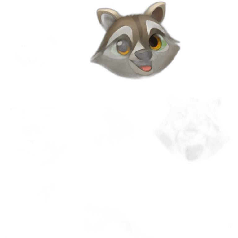 a small brown raccoon with orange eyes with a dark that laugh green hood that smile emoji