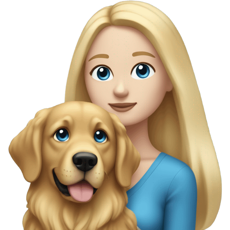 woman with blue eyes and long straight blonde hair and big boobs is holding a very fluffy small golden retriever emoji