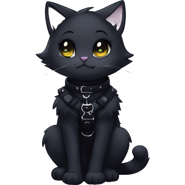 Gorgeous furry gothic dark techwear anime style anthro black cat furry sona with blushing face aesthetic and pretty edgy black with collar and harness trending style emoji