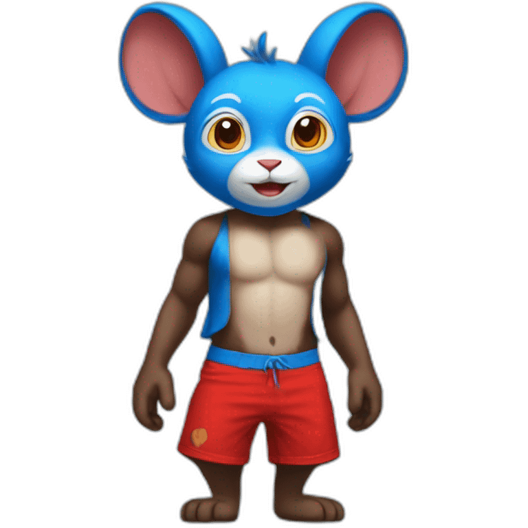 blue rabbit monkey with no shirt but red shorts and with a monkey tail emoji