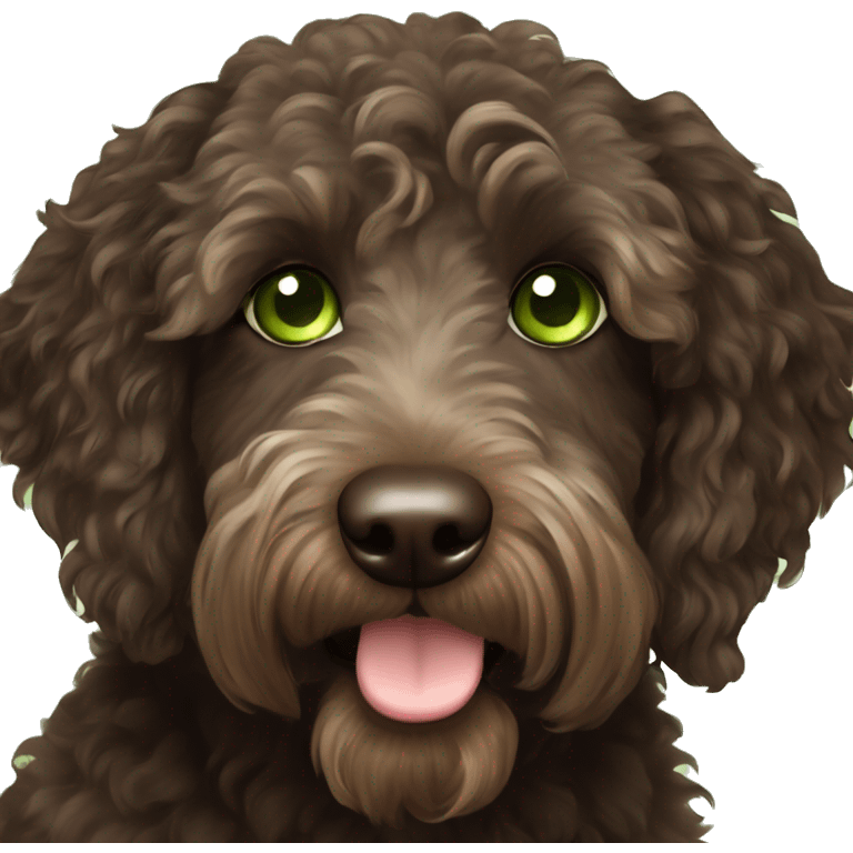 Dark brown Australian labradoodle with green eyes emoji