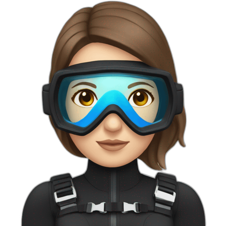 a woman with an a black scubadiver suit. pink dive mask, with blues eyes inside the dive mask. brown largue and straight hair emoji