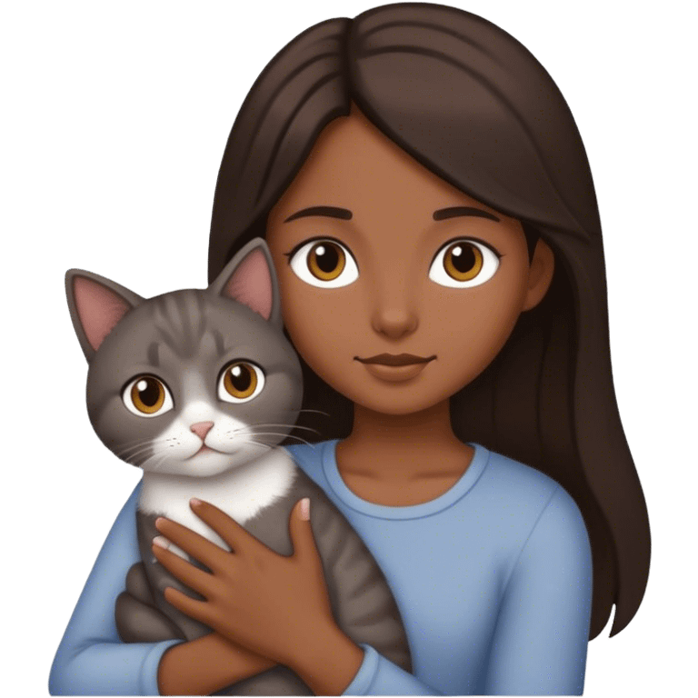 Dark Brown hair girl holding a grey cat emoji