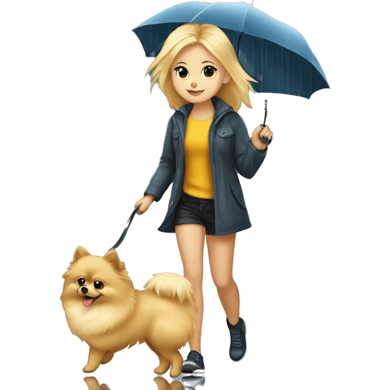 Blonde girl walking pomeranian under the rain emoji