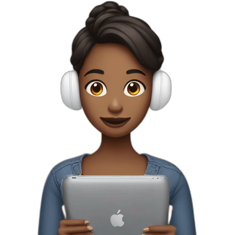 a girl holding an ipad and airpods in her ears. emoji