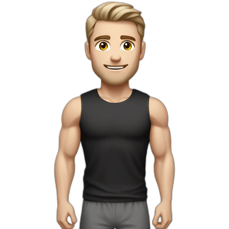 Pale skinned Fit Man With the biceps and dark brown hair in black shirt, gray sports shorts and white Sneakers His right hand near his back of the head emoji