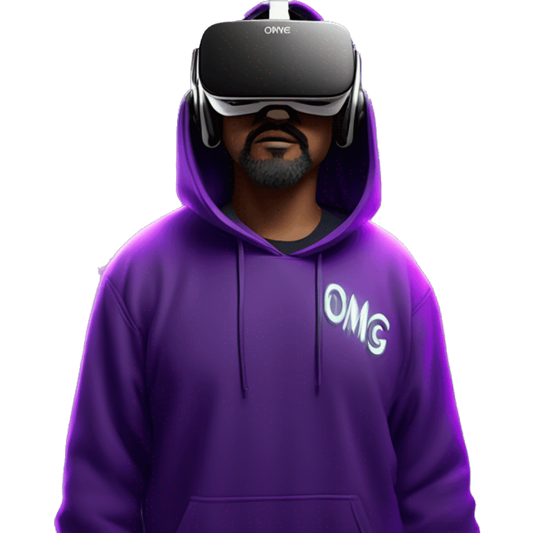 Big Lebowski wearing a black hoodie with "OMG" letters on it and VR headset oculus quest 2 in a cyberpunk VR environment with violet neon lighting. emoji