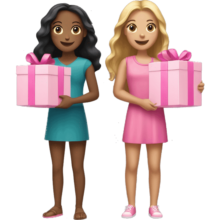 Two tan girls holding a pink boxes emoji