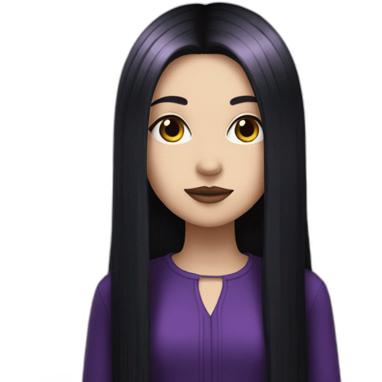 White gothic girl with long straight black hair and purple streak emoji