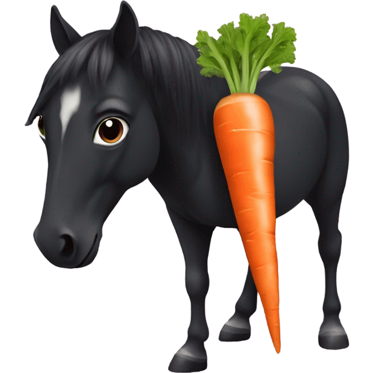 A tiny black horse eating a giant carrot emoji