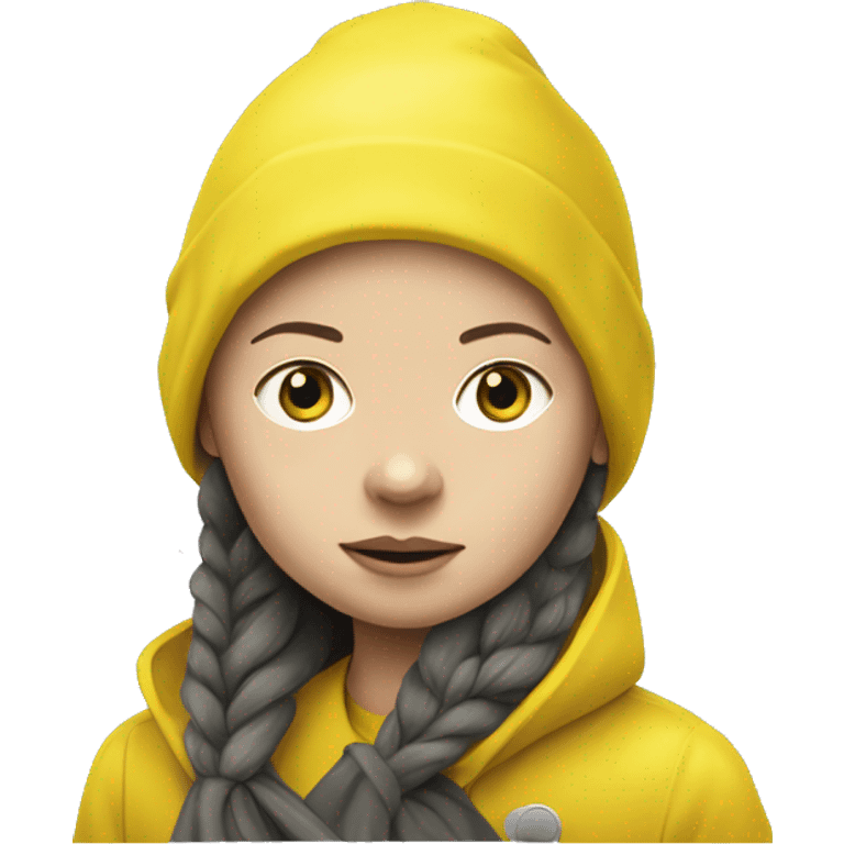 Greta Thunberg with a yellow raincoat ,grey beenie and demonstration sign emoji