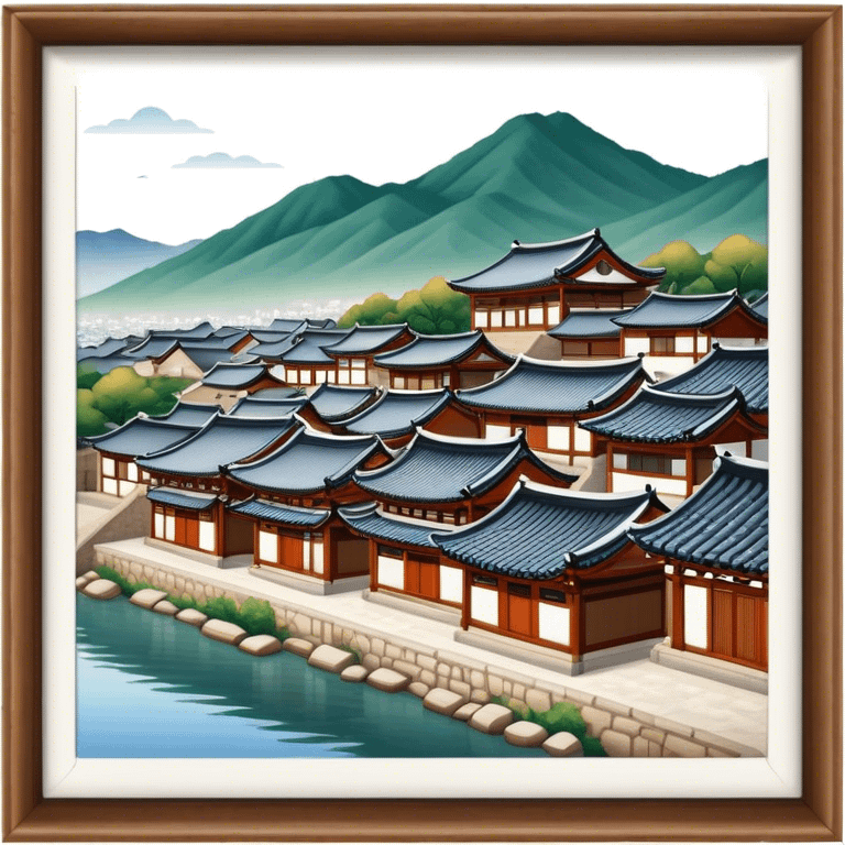 Cinematic Realistic Bukchon Hanok Village Landmark Emoji, depicted with traditional Korean houses set against a scenic backdrop rendered with detailed textures and warm, inviting lighting. emoji