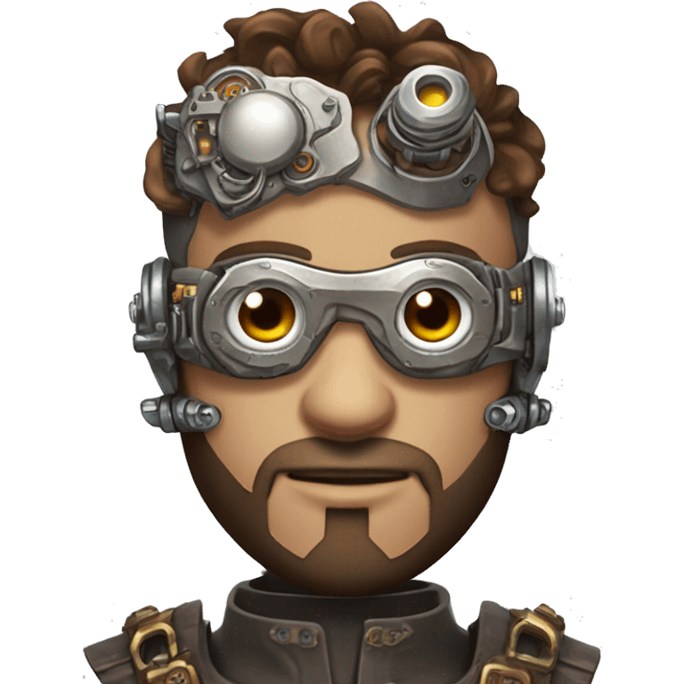 male cyborg head with brown short hair, brown beard, silver steampunk goggles and circuitry emoji