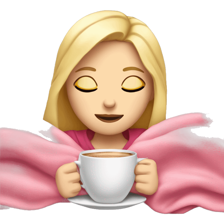 White Girl with blonde hair sipping coffee with eyes closed and pink blanket around head laying down on couch  emoji