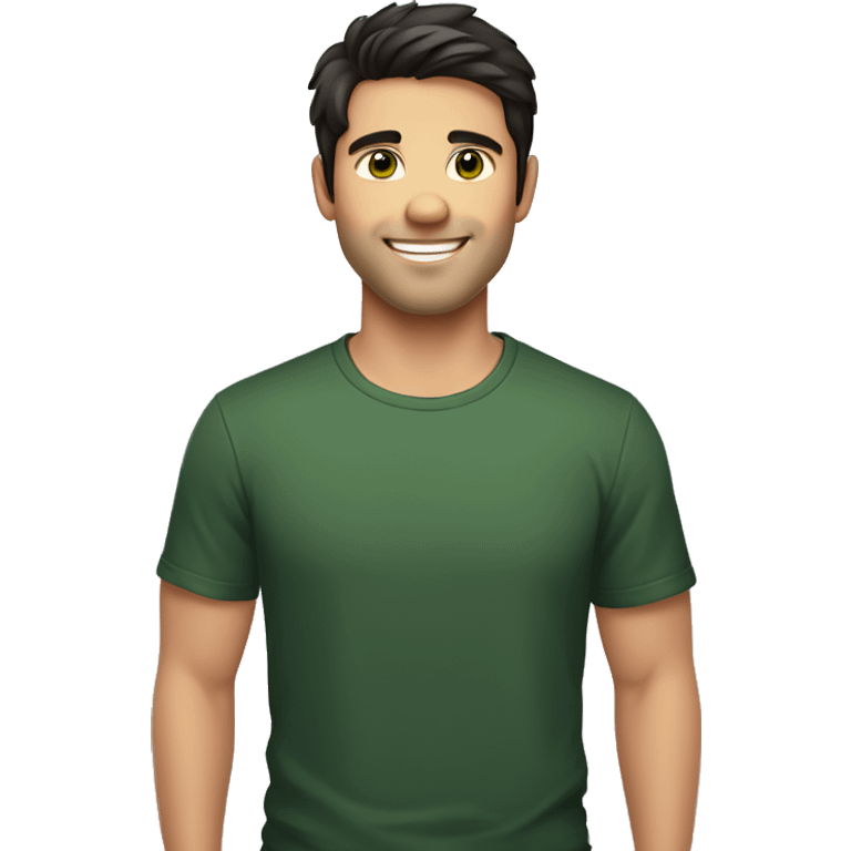 Handsome man with dark hair, gradient short hair on the side, green eyes. Big smile and thin face. Black t-shirt. Little bear emoji