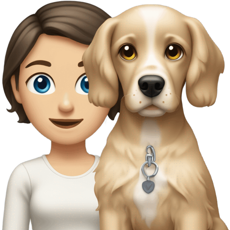 brunette girl short hair blue eyes  with blonde cocker spaniel emoji