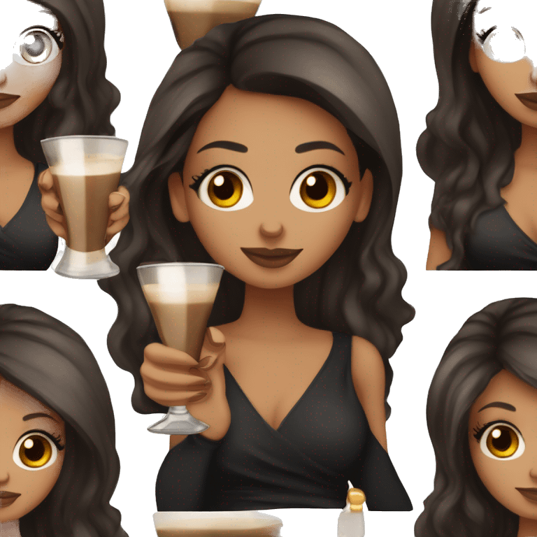 Tan girl with brown eyes and dark brown long hair with lashes holding espresso martini. Wearing makeup and black top emoji