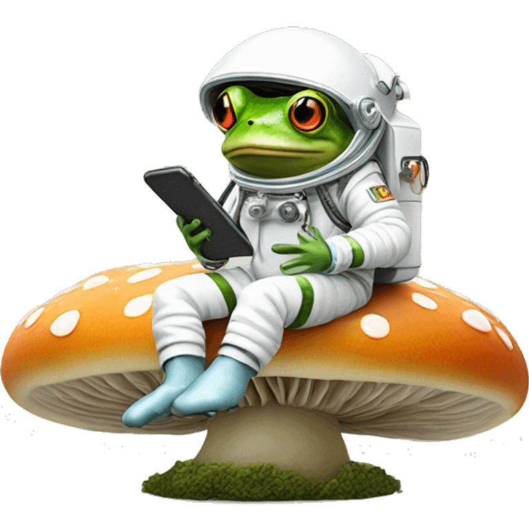 A tiny frog in a spacesuit, sitting on a mushroom, holding a flip phone with a question mark floating above its head. emoji