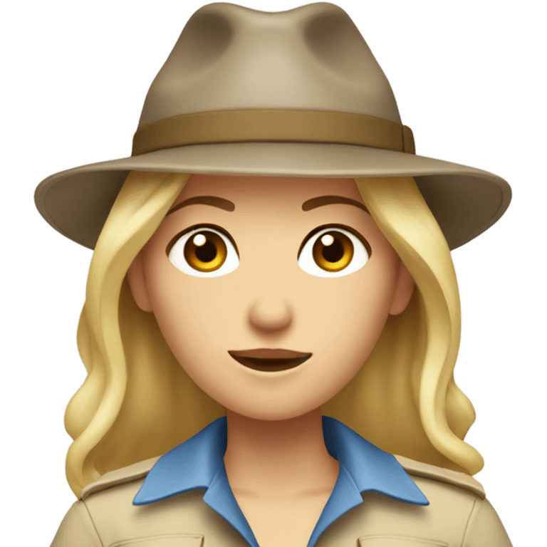 Blonde female with shoulder length hair and grey-blue eyes and brown eyebrows in a safari outfit with hat emoji