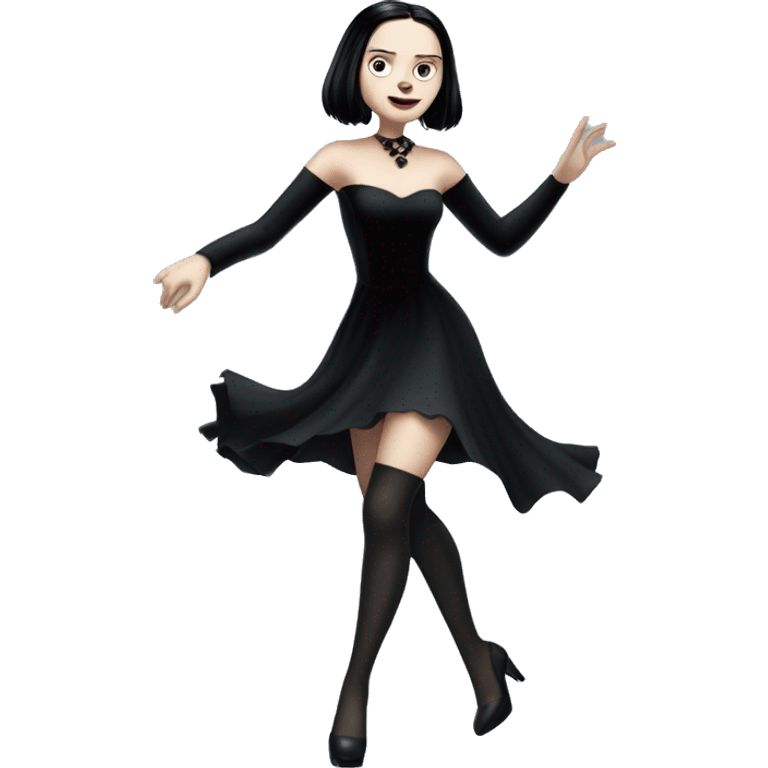 Wednesday Addams dancing with wolves. Longer hair, short black flowing strapless evening gown with  plunging neckline that’s off-the-shoulders that also shows her legs and black shiny velvet high heel shoes. emoji