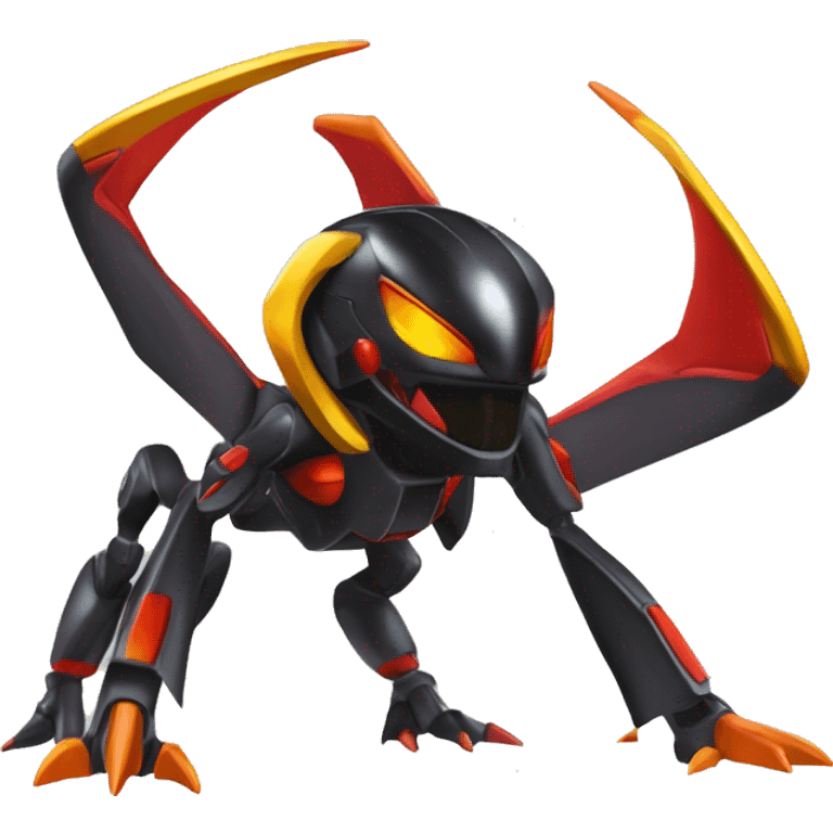 a shiny metallic black-red-orange-yellow Genesect-Flygon-Raptor-Fakémon-Medabot-hybrid with a futuristic visor-helmet full body emoji