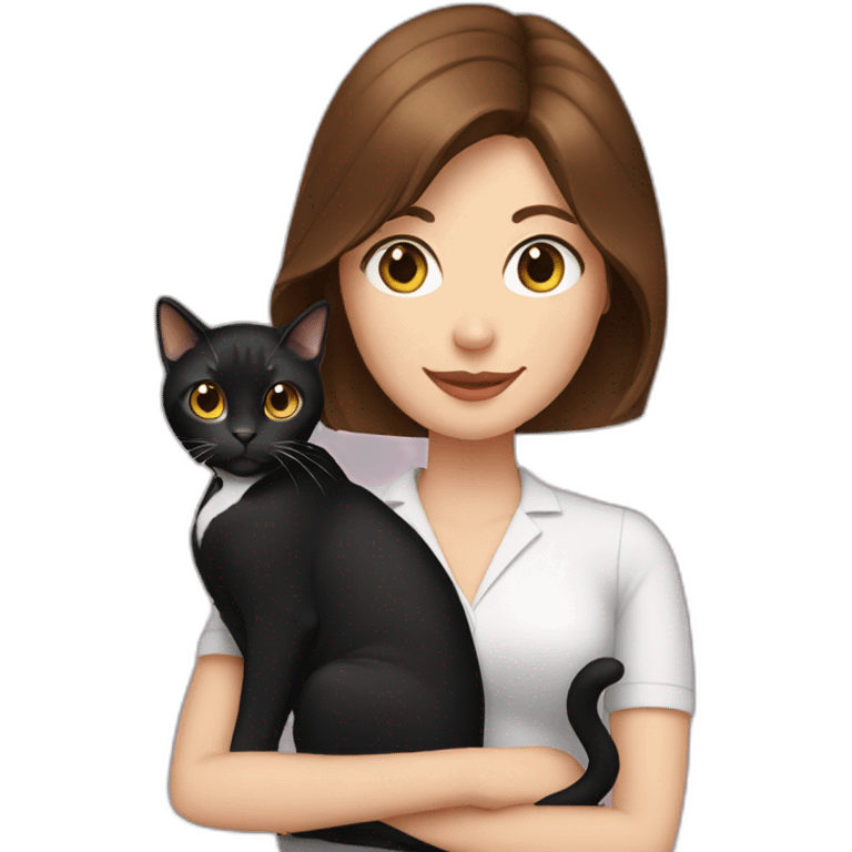 woman with brown hair holding a tuxedo cat emoji