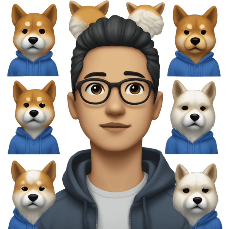 A young guy with long white hair pulled back into a ponytail white skin black-framed glasses and nose piercing wearing  blue hoodie and one Shiba Inu dog next to him emoji