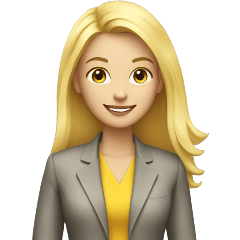 a beautiful girl wearing a yellow suit jacket. she has straight and blonde hair and she is smiling. she has a laptop in front of her emoji