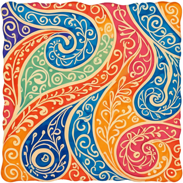 Batik art icon, colorful fabric with wax patterns, flowing fabric with intricate curves, vibrant colors, minimalistic design, clean lines, transparent background. emoji