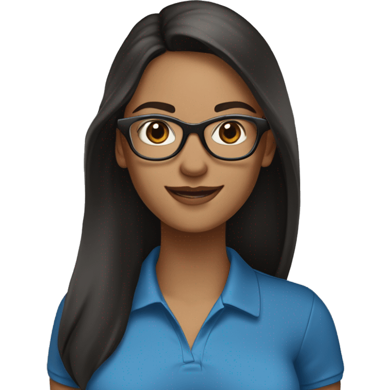 female, light brown skin, long black hair with some grey, wearing blue eyeglasses. Brown eyes. Wering a polo shirt. Smiling emoji