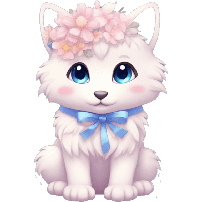 Anthro Cute Cool Blushing Pastel Innocent Shy Kawaii gorgeous sparkly ethereal fantasy anime animal creature with blue eyes furry sona with flowers and ribbons beautiful aesthetic emoji