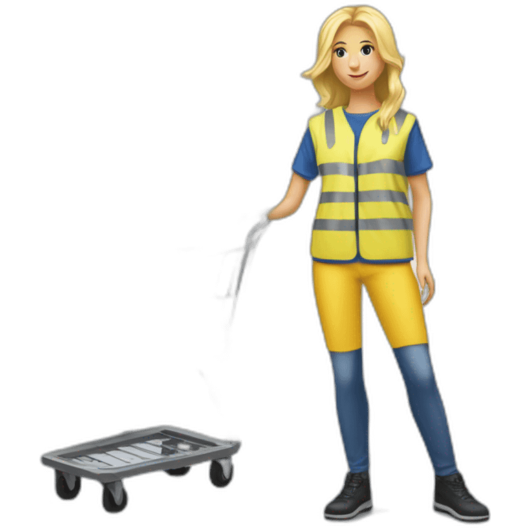 Ikea coworker blond woman blue stripes t-shirt and yellow security vest with trolley scan emoji