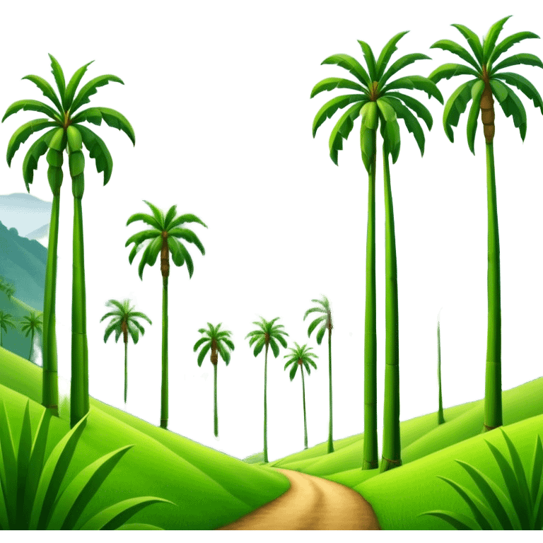 Cinematic Realistic Cocora Valley Landmark Emoji, featuring towering wax palm trees swaying in the misty green valley, with rolling hills and distant mountain peaks bathed in warm morning light. emoji