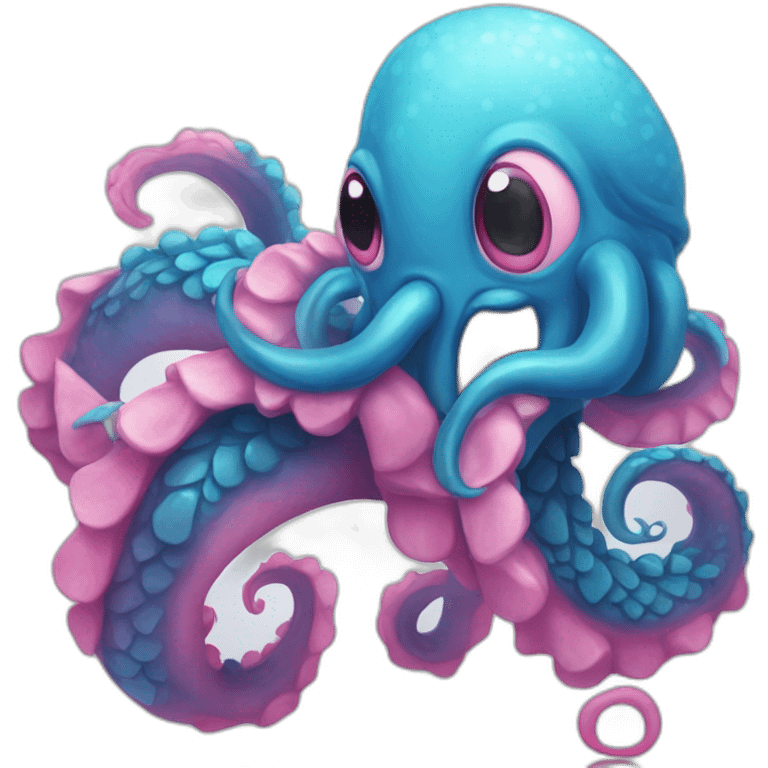 an adorable blue kraken fighting  has another pink kraken  adorable emoji