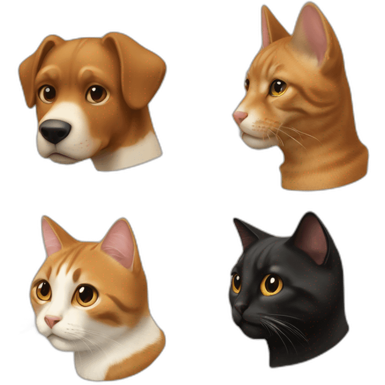 Un chien marron, un chat noir, un char crème, un chat roux emoji