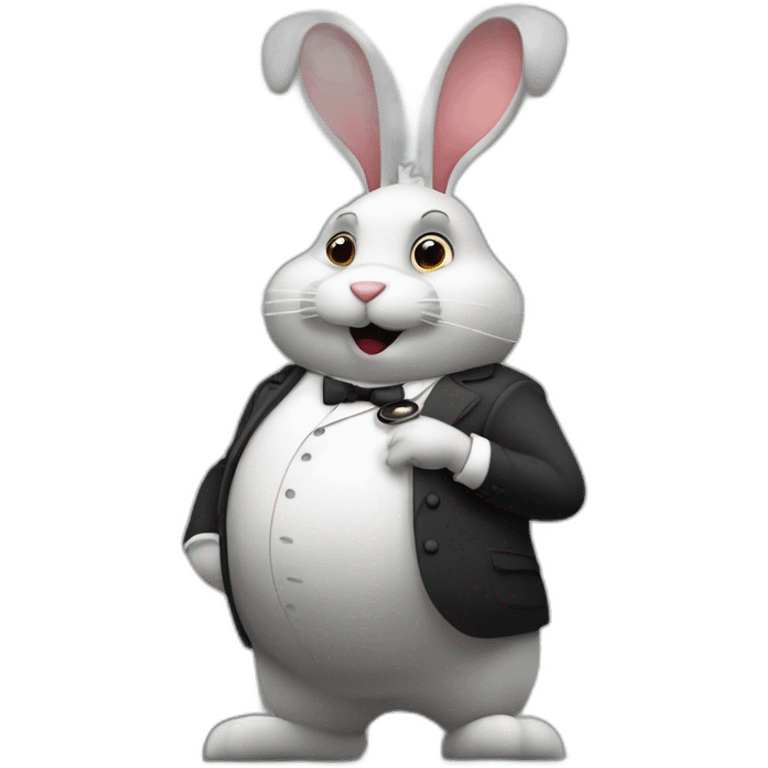 A giant full-length Victorian anthropomorphic fat rabbit holds a watch in his hands, making himself an important gentleman; Big Ben in the background; animated illustration emoji